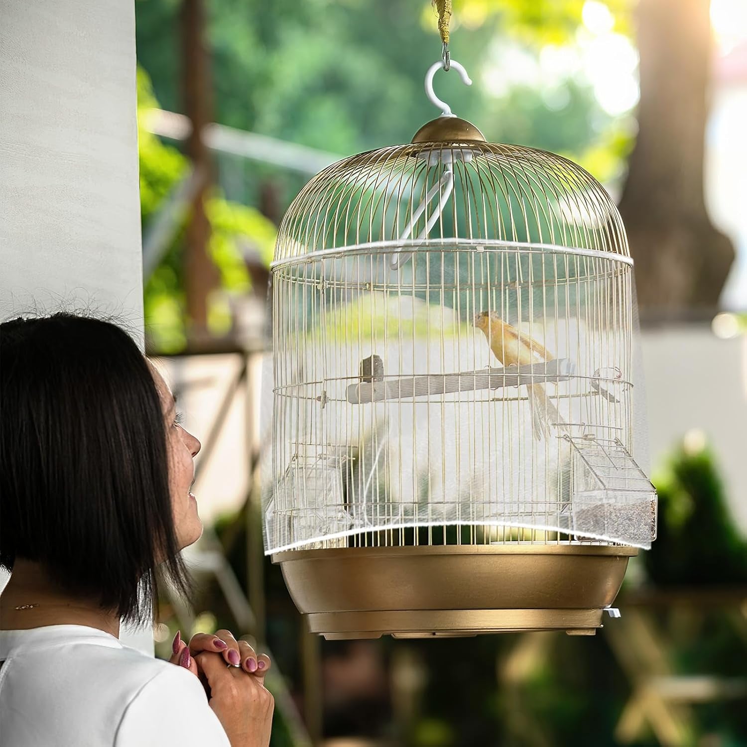 Bird Cage Cover, Adjustable, Ventilated, Soft Nylon Mesh Net, Seed Guard, Dustproof, Medium Size, White, Bird, Cage Cover, Accessories