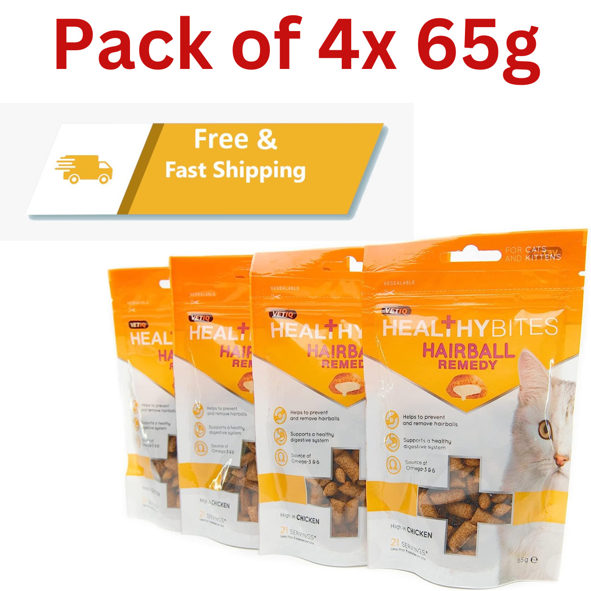 Vetiq Healthy Bites Hairball Remedy Cat Treats 4X 65G Helps Prevent & Remove UK
