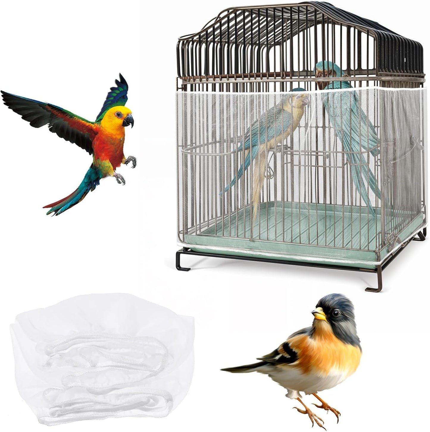 Bird Cage Cover, Adjustable, Ventilated, Soft Nylon Mesh Net, Seed Guard, Dustproof, Medium Size, White, Bird, Cage Cover, Accessories