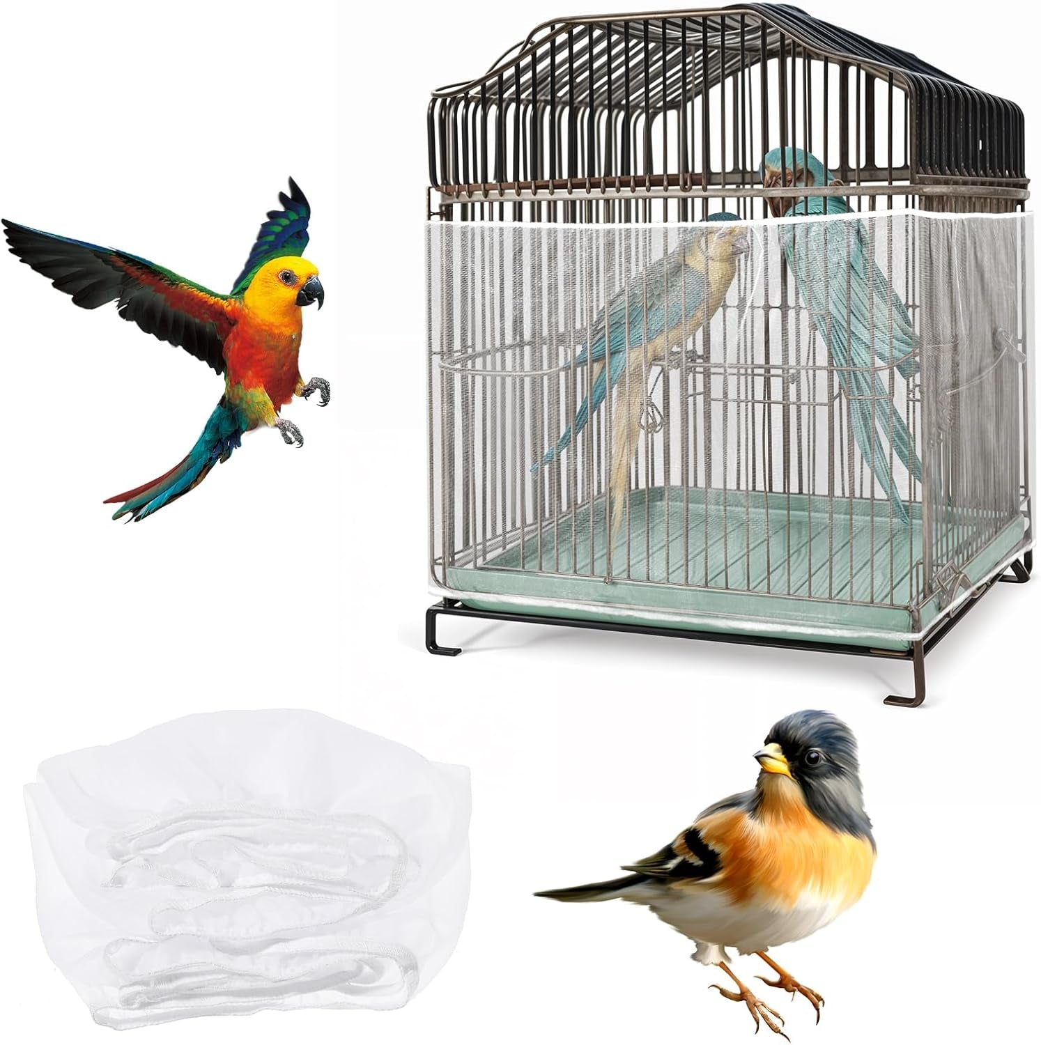 Bird Cage Cover, Adjustable, Ventilated, Soft Nylon Mesh Net, Seed Guard, Dustproof, Medium Size, White, Bird, Cage Cover, Accessories