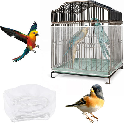 Bird Cage Cover, Adjustable, Ventilated, Soft Nylon Mesh Net, Seed Guard, Dustproof, Medium Size, White, Bird, Cage Cover, Accessories