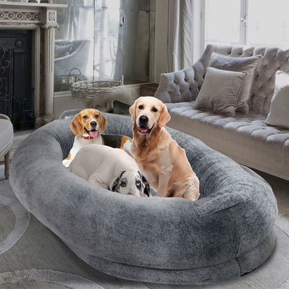 Luxury Large Human Sized Dog Bed Giant Soft Fur Beanbag Calming Mattress Thermal Pet Dog Napping Bed with Cozy Blanket Washable