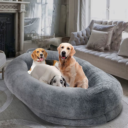 Luxury Large Human Sized Dog Bed Giant Soft Fur Beanbag Calming Mattress Thermal Pet Dog Napping Bed with Cozy Blanket Washable