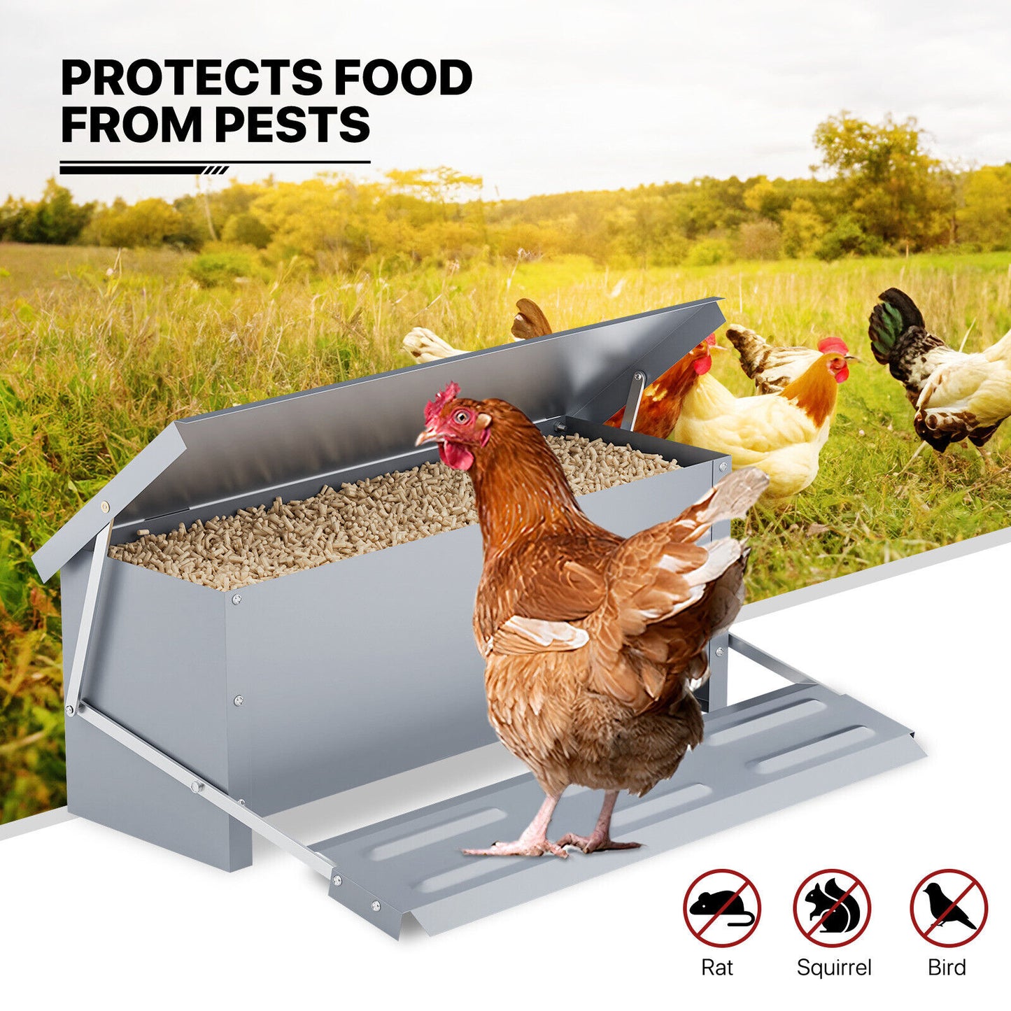 Automatic Chicken Feeder Galvanized Treadle Poultry Auto-Feeder Outdoor Garden