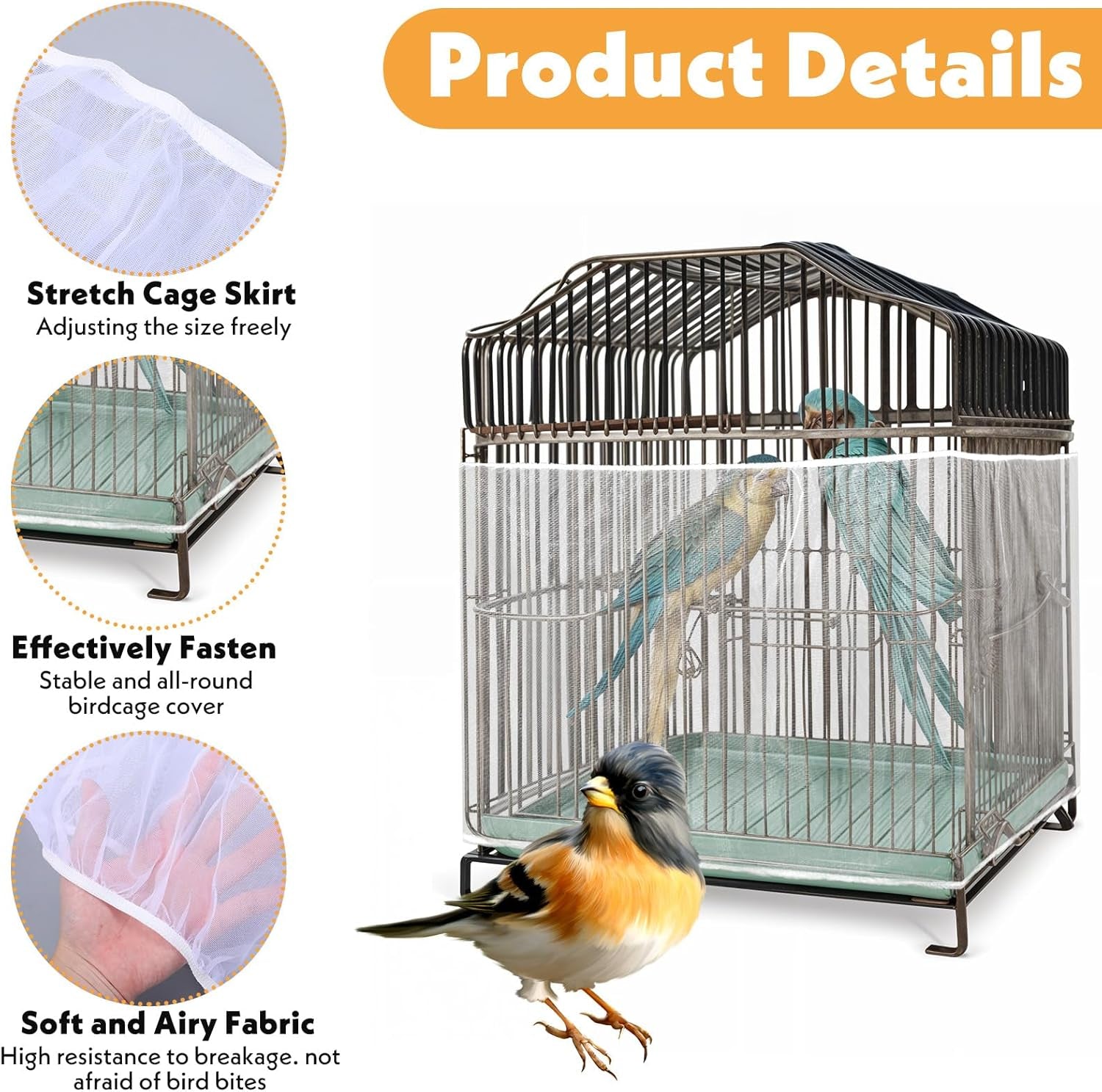 Bird Cage Cover, Adjustable, Ventilated, Soft Nylon Mesh Net, Seed Guard, Dustproof, Medium Size, White, Bird, Cage Cover, Accessories