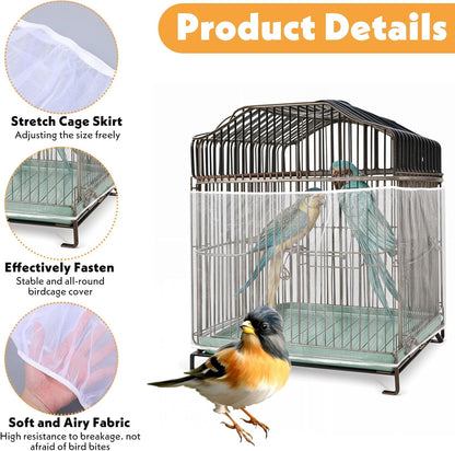 Bird Cage Cover, Adjustable, Ventilated, Soft Nylon Mesh Net, Seed Guard, Dustproof, Medium Size, White, Bird, Cage Cover, Accessories