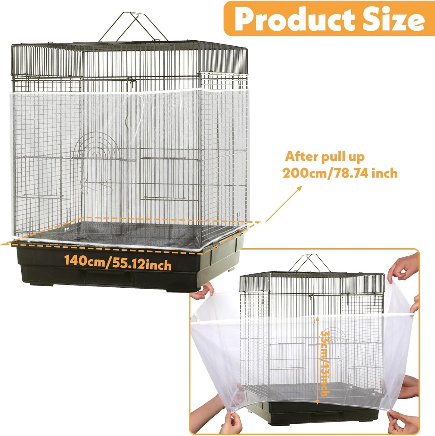 Bird Cage Cover, Adjustable, Ventilated, Soft Nylon Mesh Net, Seed Guard, Dustproof, Medium Size, White, Bird, Cage Cover, Accessories