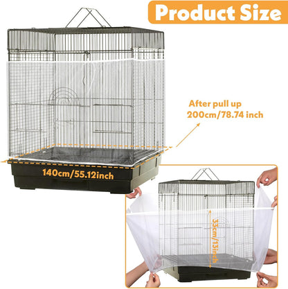 Bird Cage Cover, Adjustable, Ventilated, Soft Nylon Mesh Net, Seed Guard, Dustproof, Medium Size, White, Bird, Cage Cover, Accessories