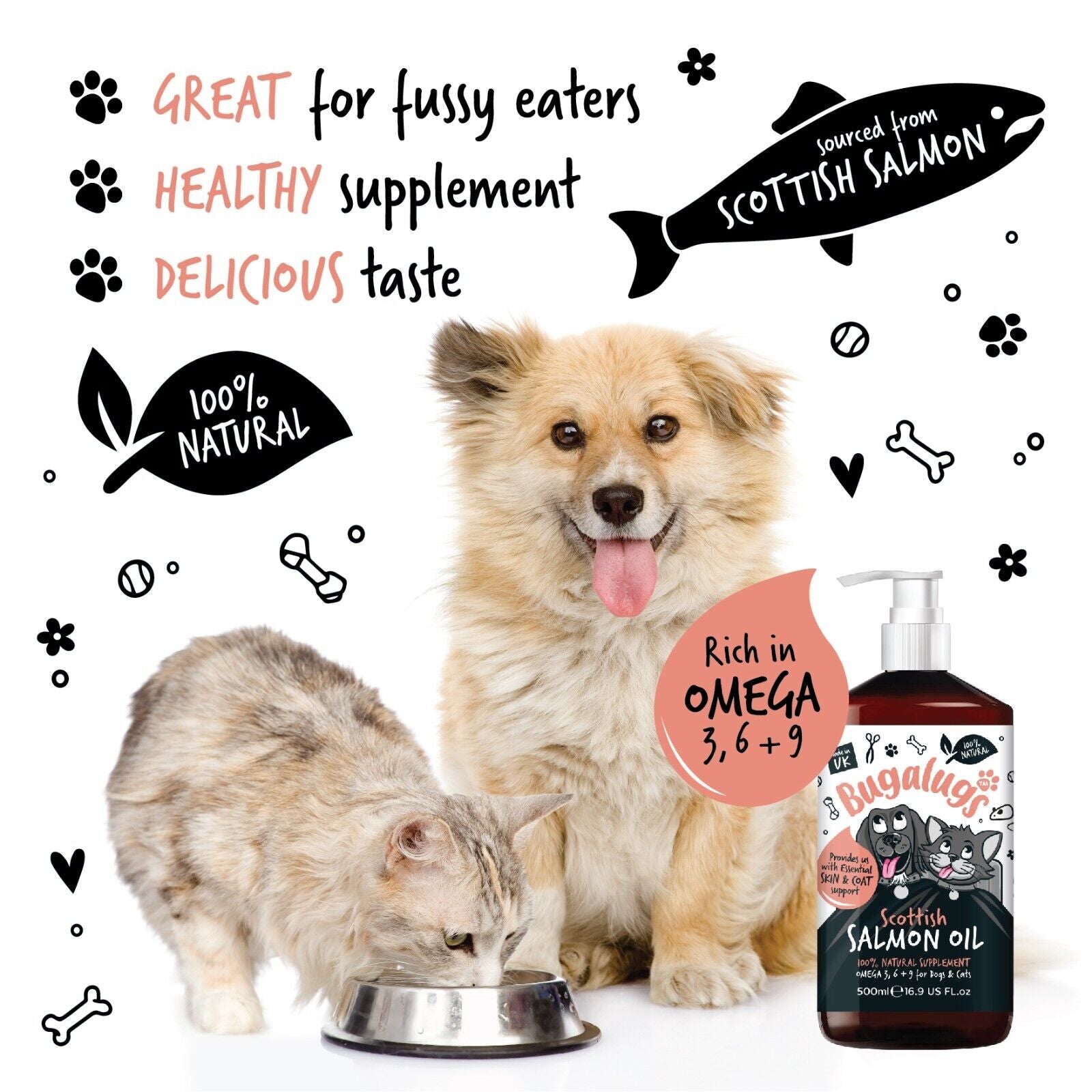 Bugalugs Dog Salmon Oil 100% Pure Dogs, Cats & Pets 500Ml, Healthy Skin & Coat