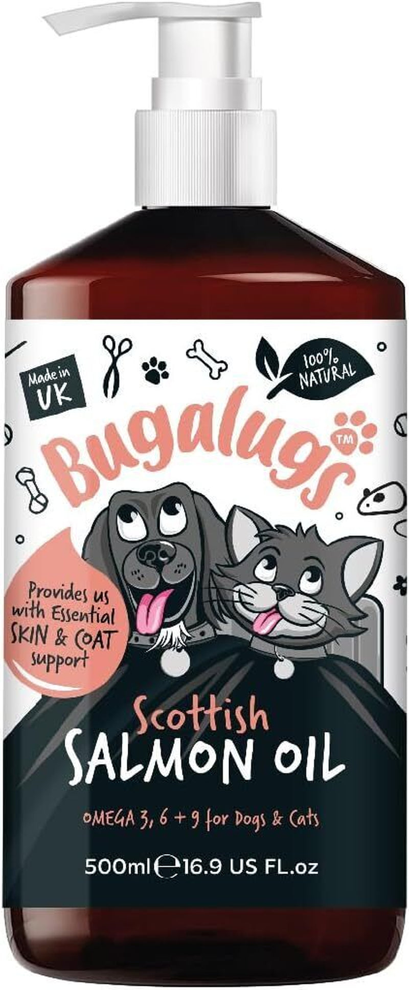 Bugalugs Dog Salmon Oil 100% Pure Dogs, Cats & Pets 500Ml, Healthy Skin & Coat